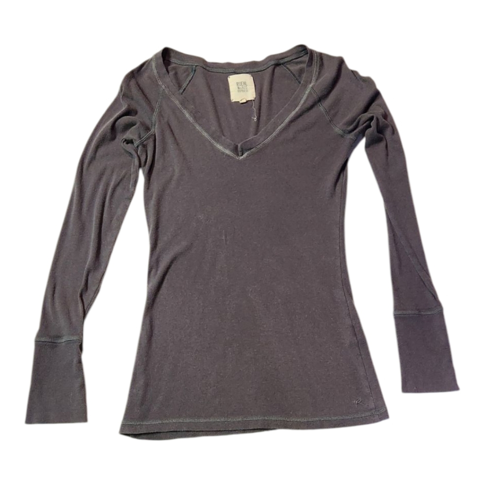 Ruehl No.925 Gray V-Neck Long Sleeve Ribbed Top Y2k Size Large EUC